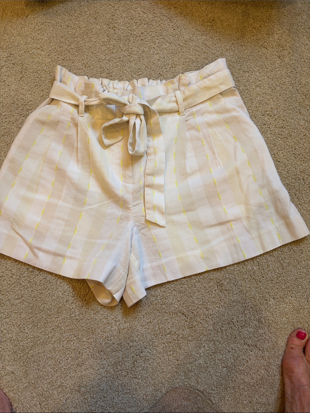 LOFT Cream Shorts with Yellow Stripe Paperbag Waist